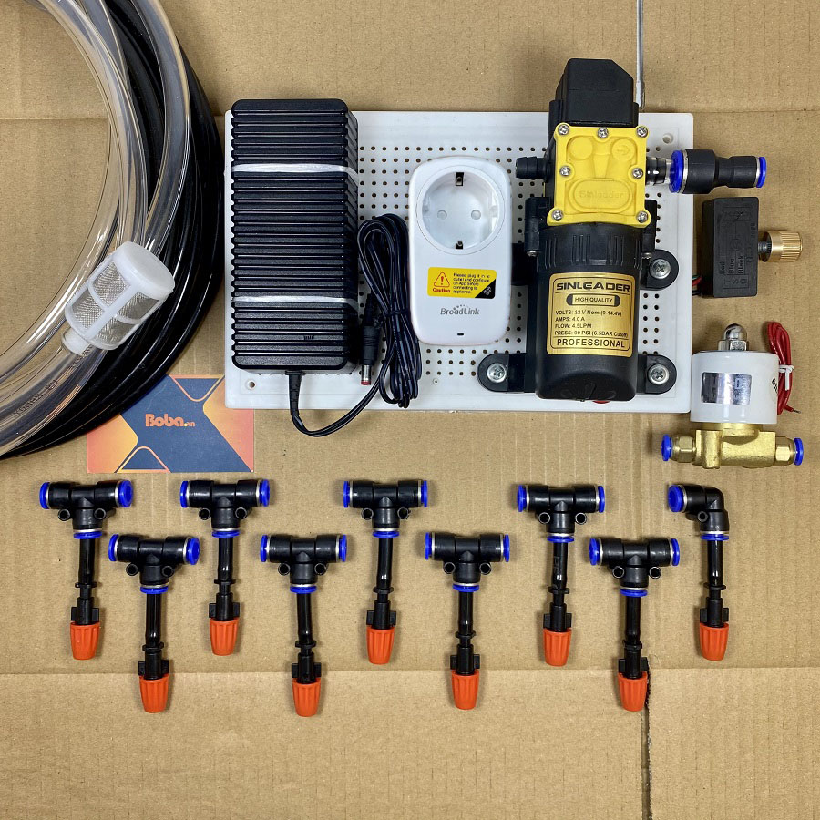 Trọn bộ hệ thống phun sương tưới cây điều khiển từ xa 10 béc phun 1 hướng nhựa