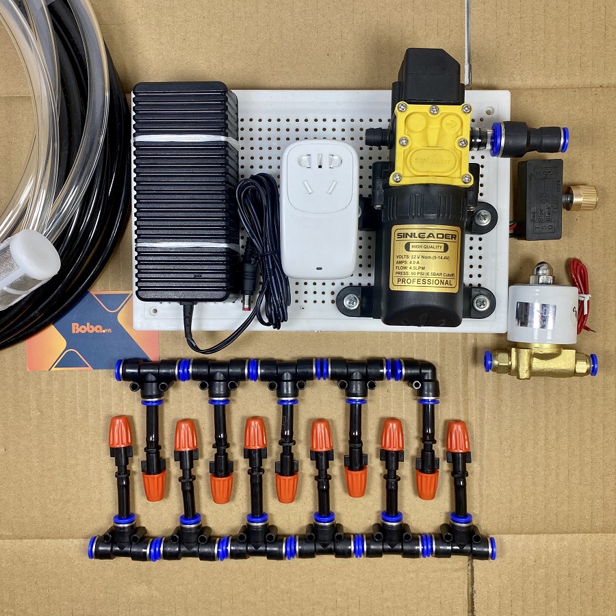 Trọn bộ hệ thống phun sương tưới cây điều khiển từ xa 15 béc 1 hướng nhựa