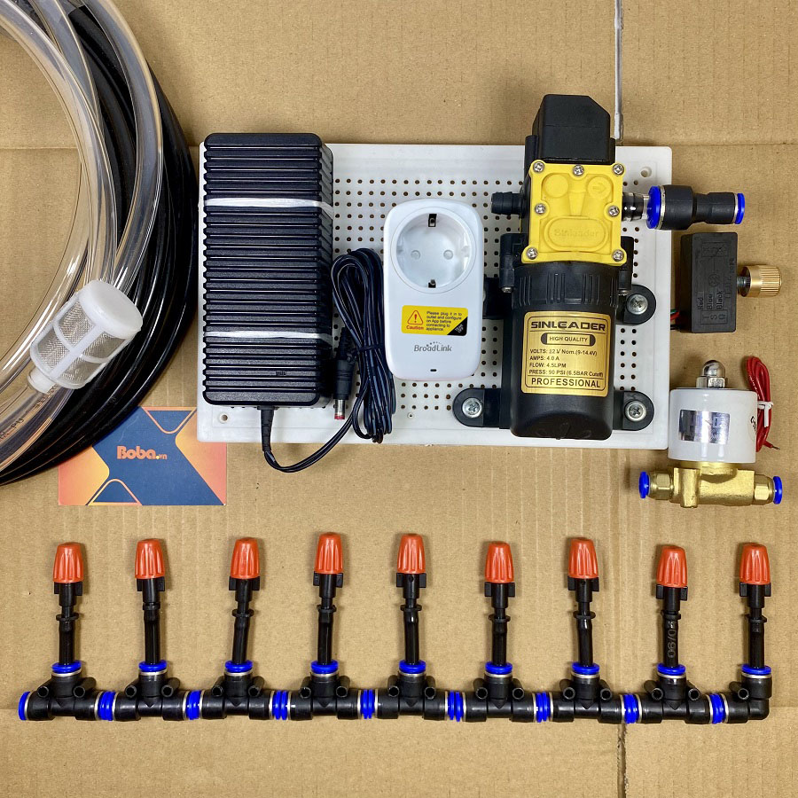 Trọn bộ hệ thống phun sương tưới cây điều khiển từ xa 10 béc phun 1 hướng nhựa