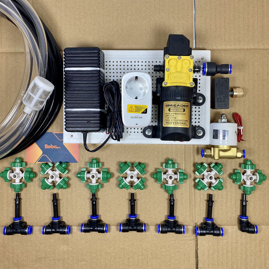 Trọn bộ hệ thống phun sương tưới lan tự động 7 béc phun 4 hướng đầy đủ