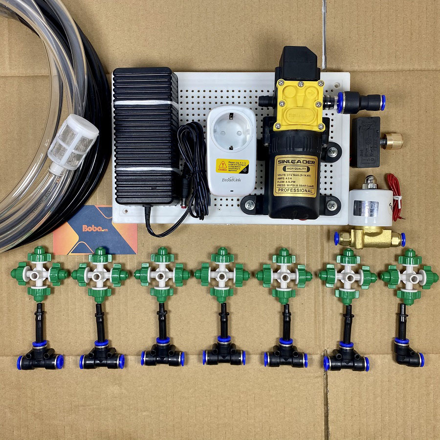 Trọn bộ hệ thống phun sương tưới lan tự động 7 béc phun 4 hướng đầy đủ