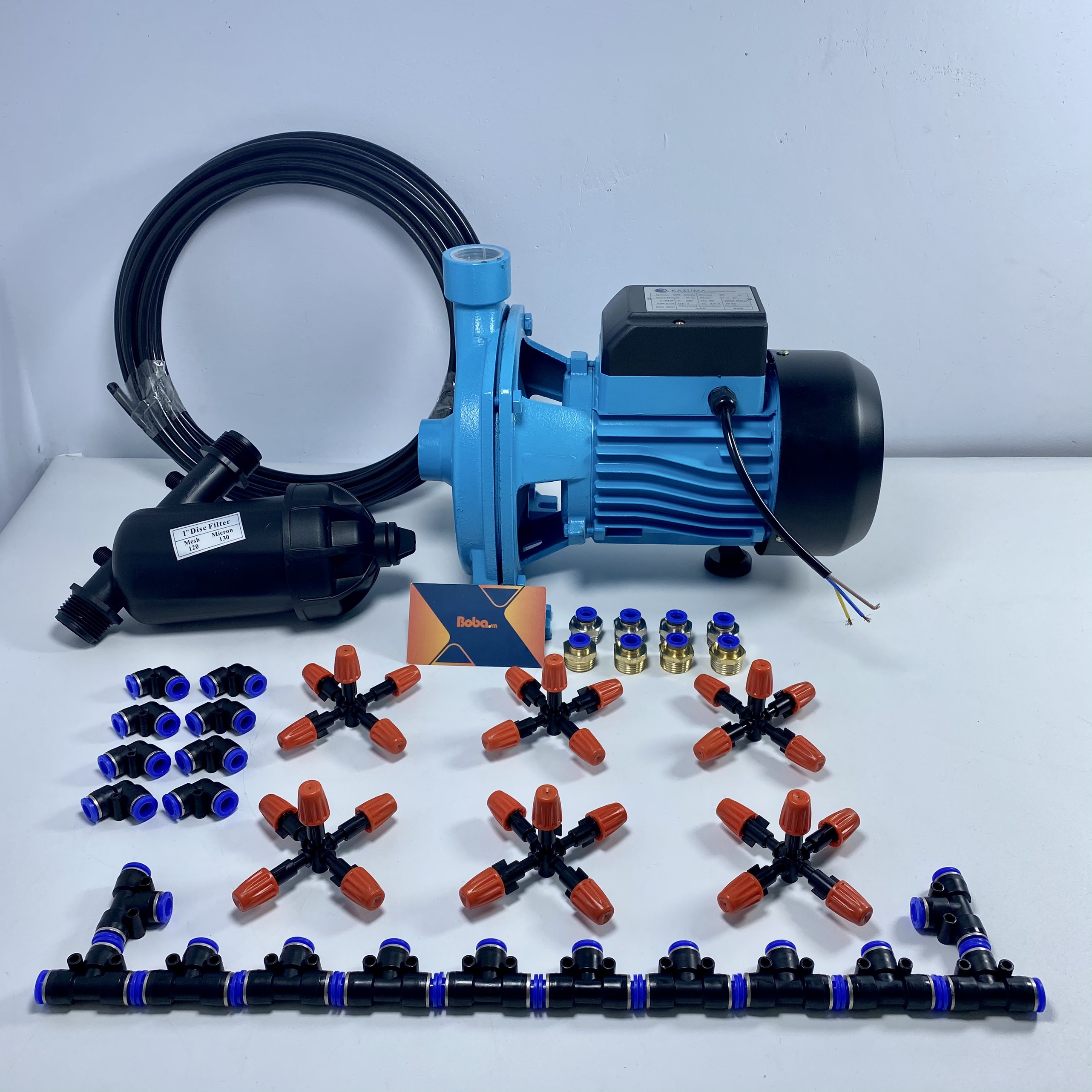 Trọn bộ phun sương tưới lan 60 béc 5 nhánh đầu nhựa - Bơm kazuma 1HP công suất lớn