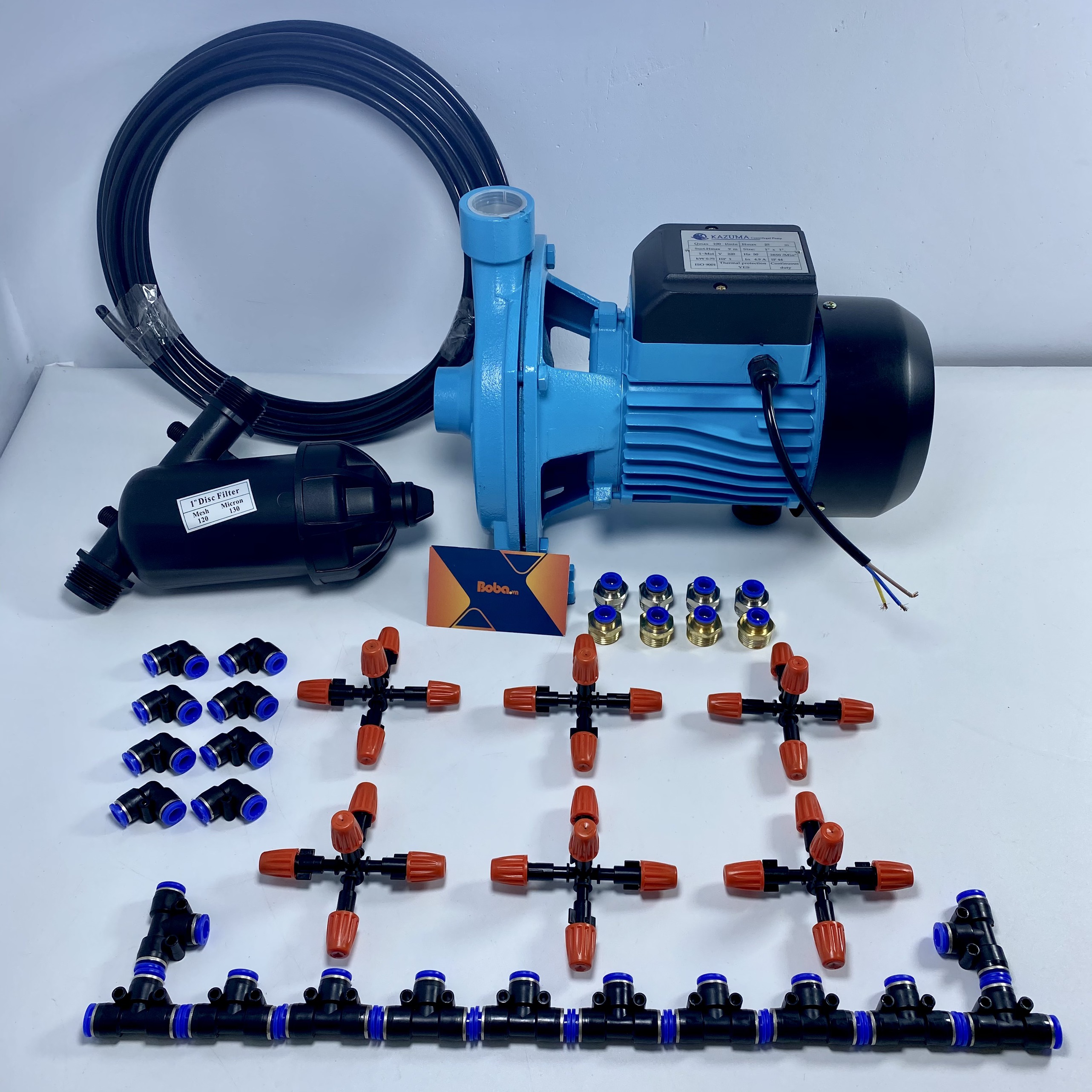 Trọn bộ phun sương tưới lan 60 béc 5 nhánh đầu nhựa - Bơm kazuma 1HP công suất lớn