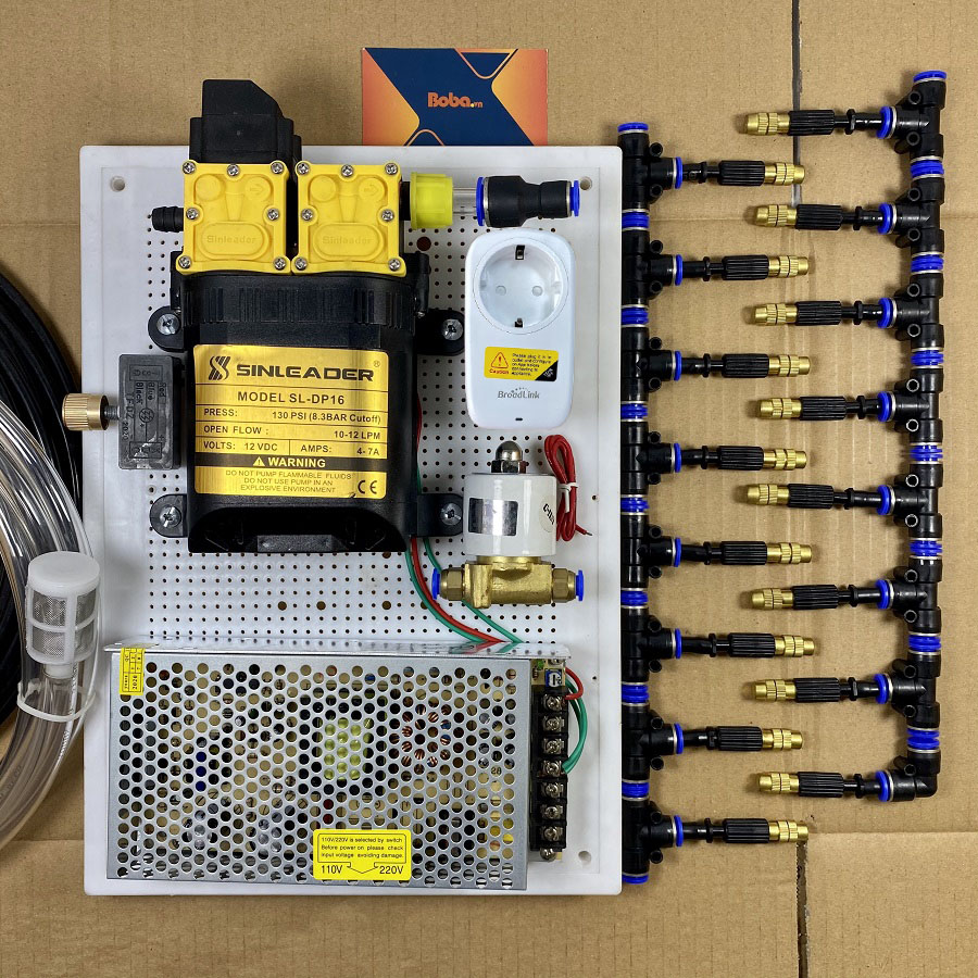 Trọn bộ phun sương tưới vườn lan cây cảnh điều khiển từ xa 20 béc phun 1 hướng đồng - bộ đầy đủ