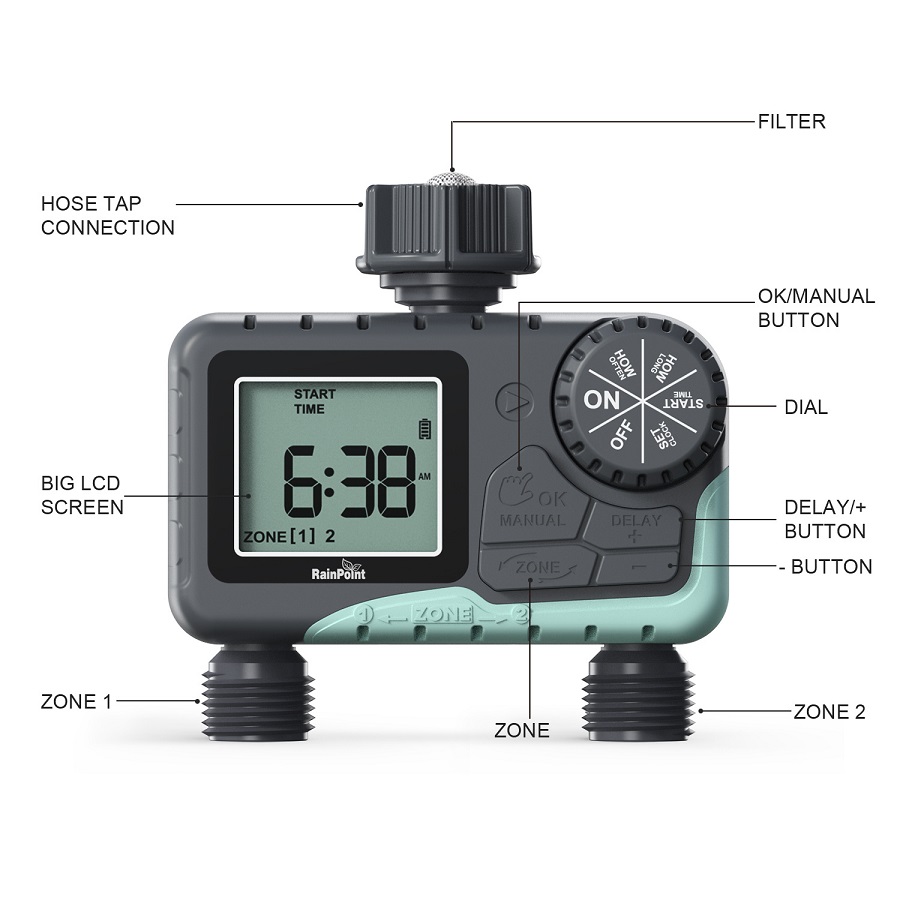 Bộ hẹn giờ tưới nước RainPoint tự động 2 đầu ra 2 chế độ 205