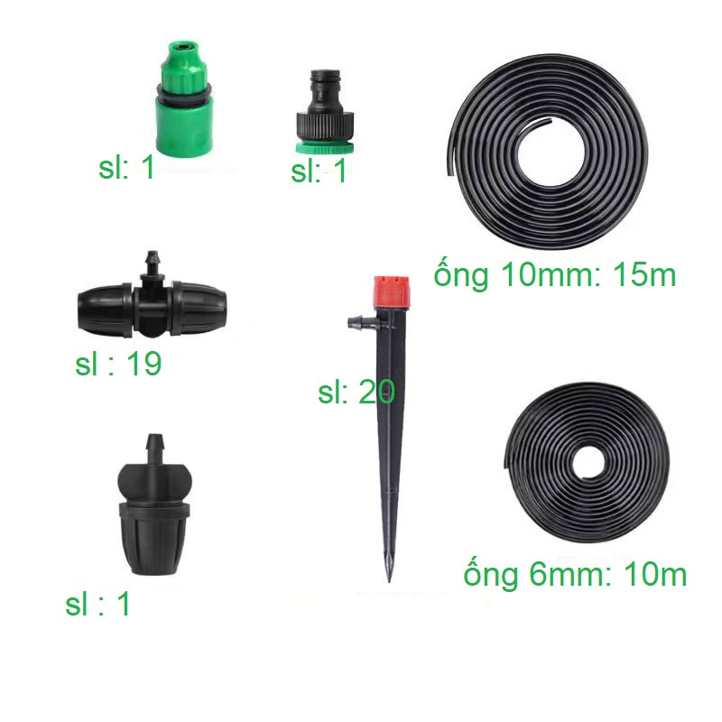 Bộ kít tưới nhỏ giọt 20 béc tưới 8 tia có chân cắm sử dụng 15m ống dây 10mm