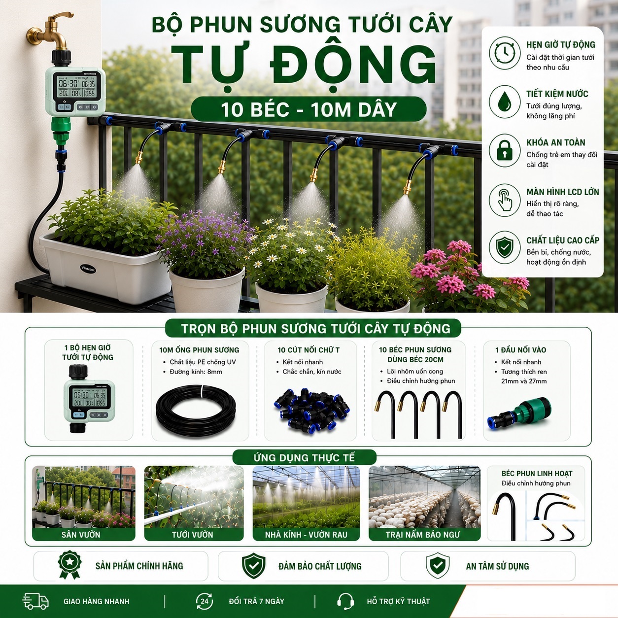 Bộ Phun Sương Tưới Cây Tự Động 10 Béc uốn cong  dùng Van HCT322