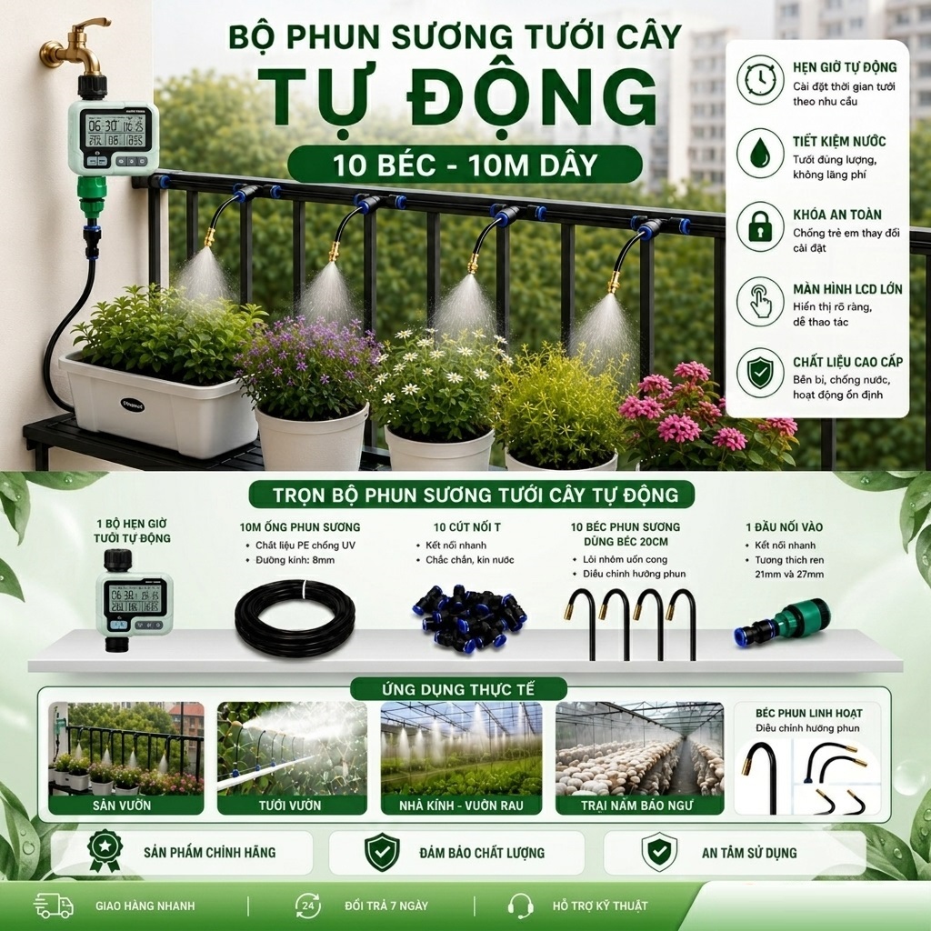 Bộ Phun Sương Tưới Cây Tự Động 10 Béc uốn cong  dùng Van HCT322