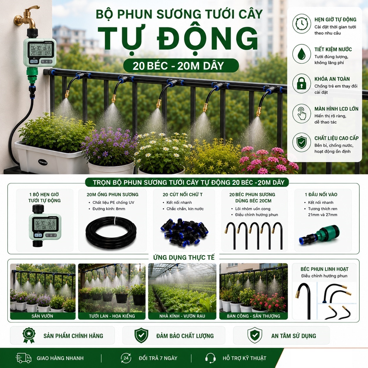 Bộ Phun Sương Tưới Cây Tự Động 20 Béc 20M Dây – Hẹn Giờ Tưới Cây
