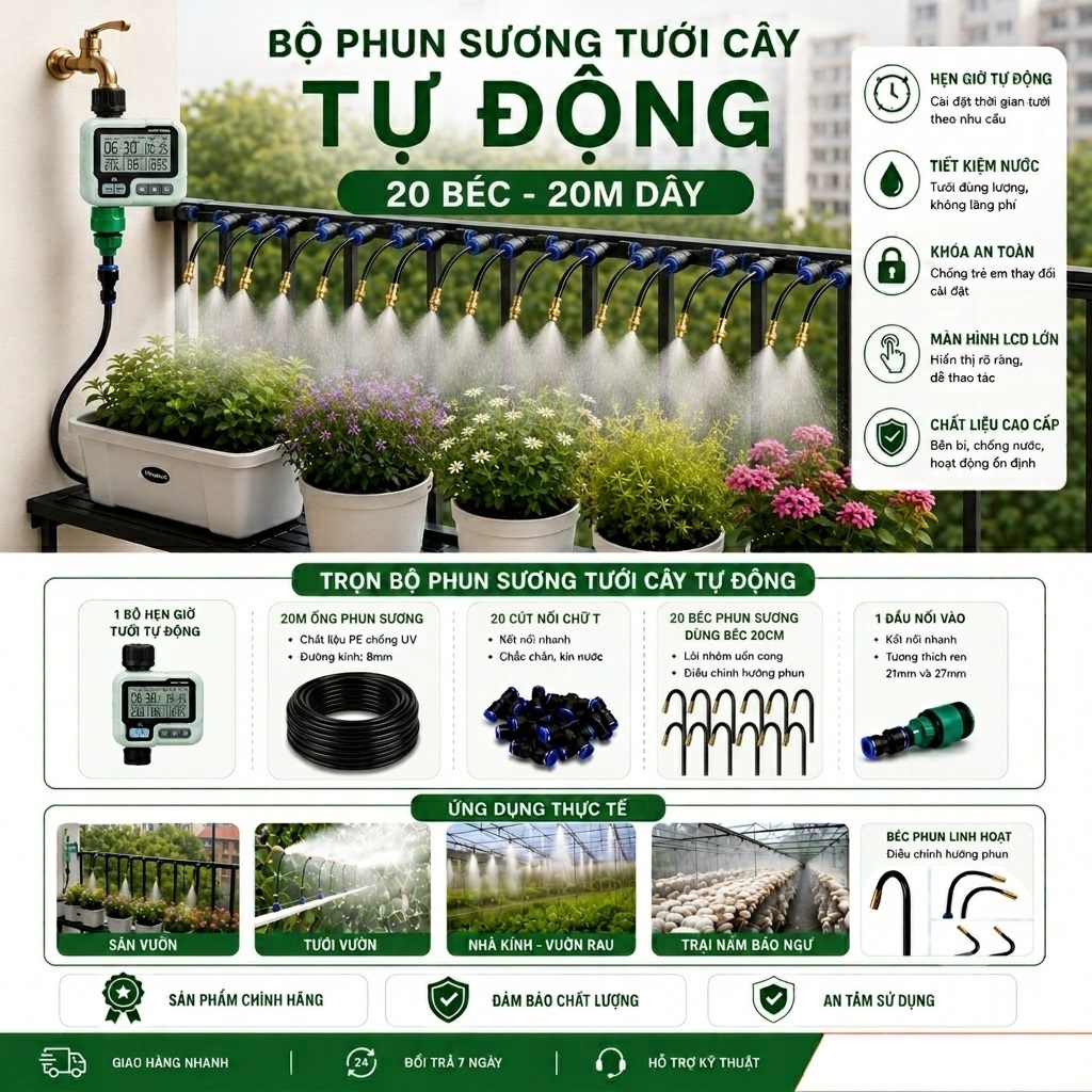 Bộ Phun Sương Tưới Cây Tự Động 20 Béc 20M Dây – Hẹn Giờ Tưới Cây
