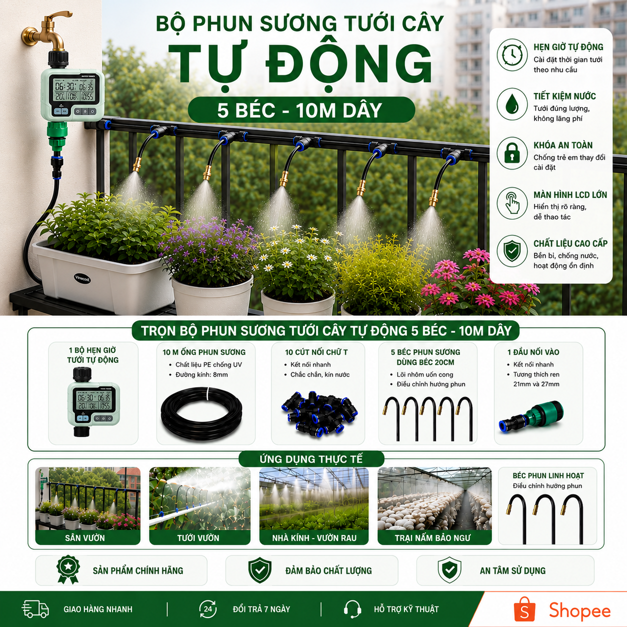 Bộ Phun Sương Tưới Cây Tự Động 5 Béc Uốn Cong (Dây 10m) - Có Timer Hẹn Giờ Màn Hình LCD