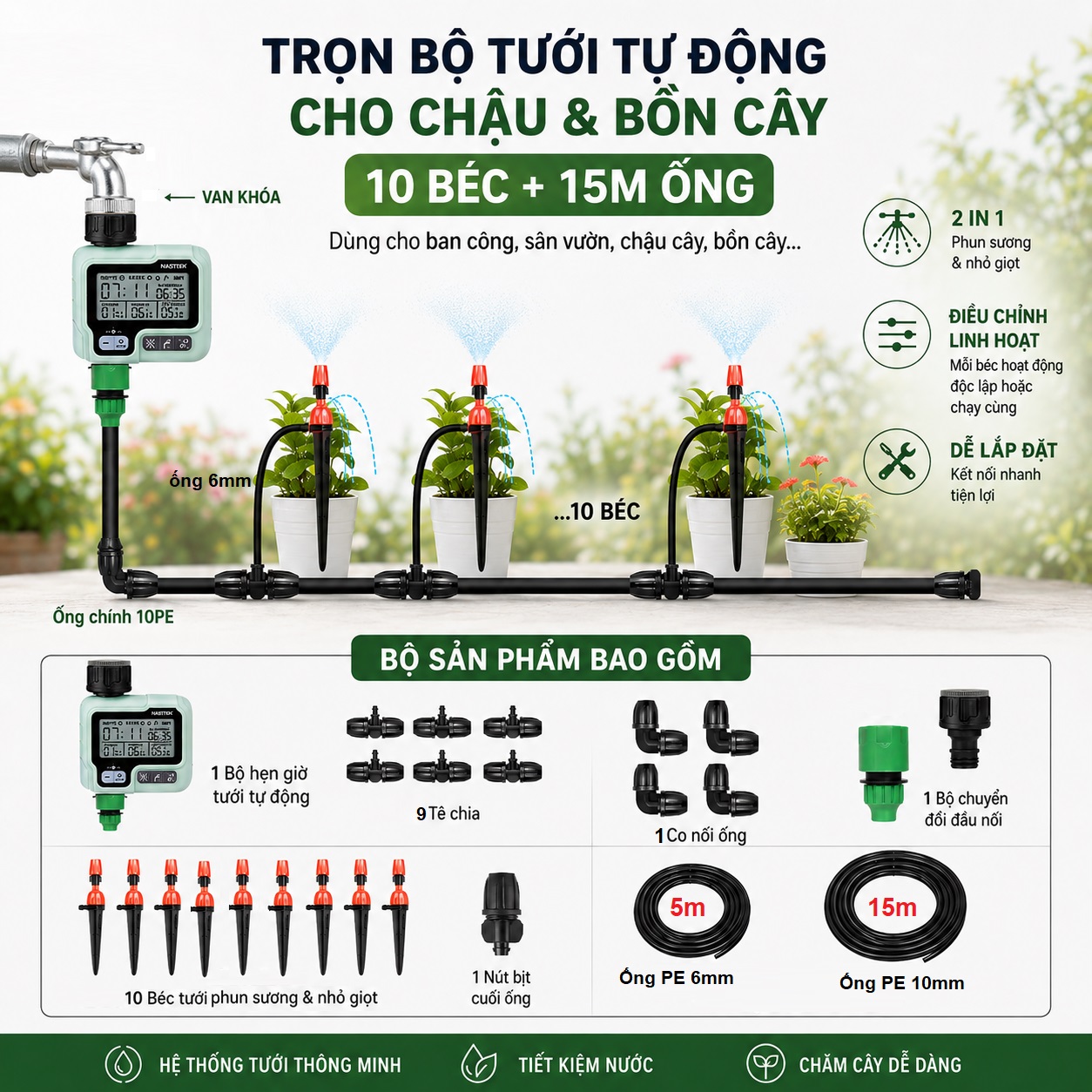 Bộ Tưới Cây Tự Động 10 Béc 15M Ống Có Hẹn Giờ – Tưới Chậu Ban Công Sân Vườn