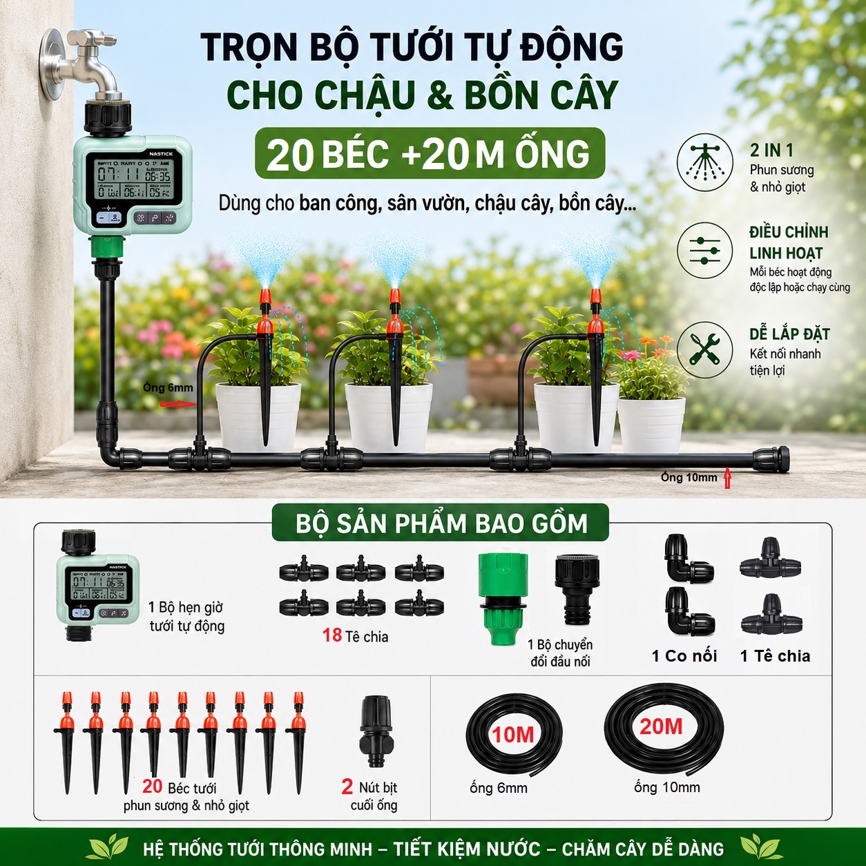 Bộ tưới cây tự động 20 béc 20m ống – Phun sương & nhỏ giọt 2 trong 1 cho chậu bồn cây sân vườn