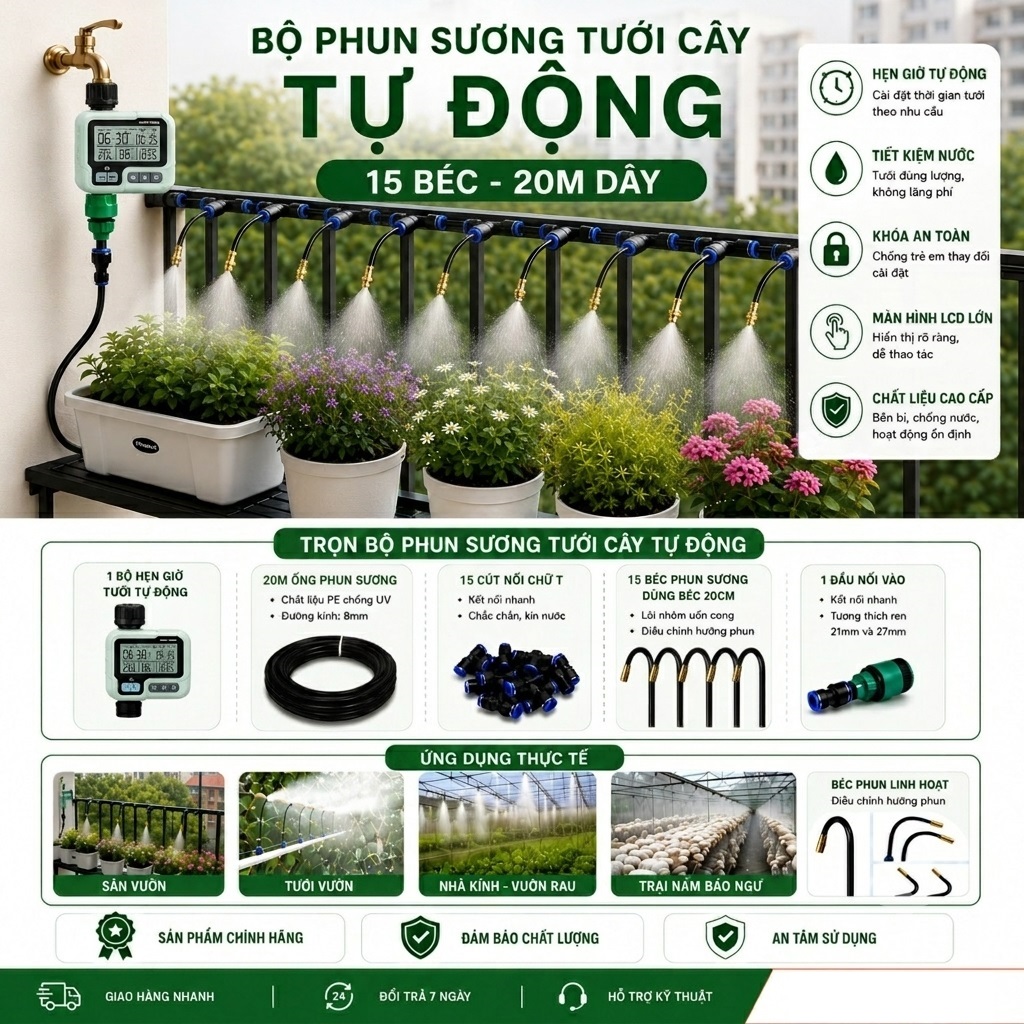 Bộ phun sương tưới cây tự động 15 béc uốn cong - Hẹn giờ LCD khóa an toàn