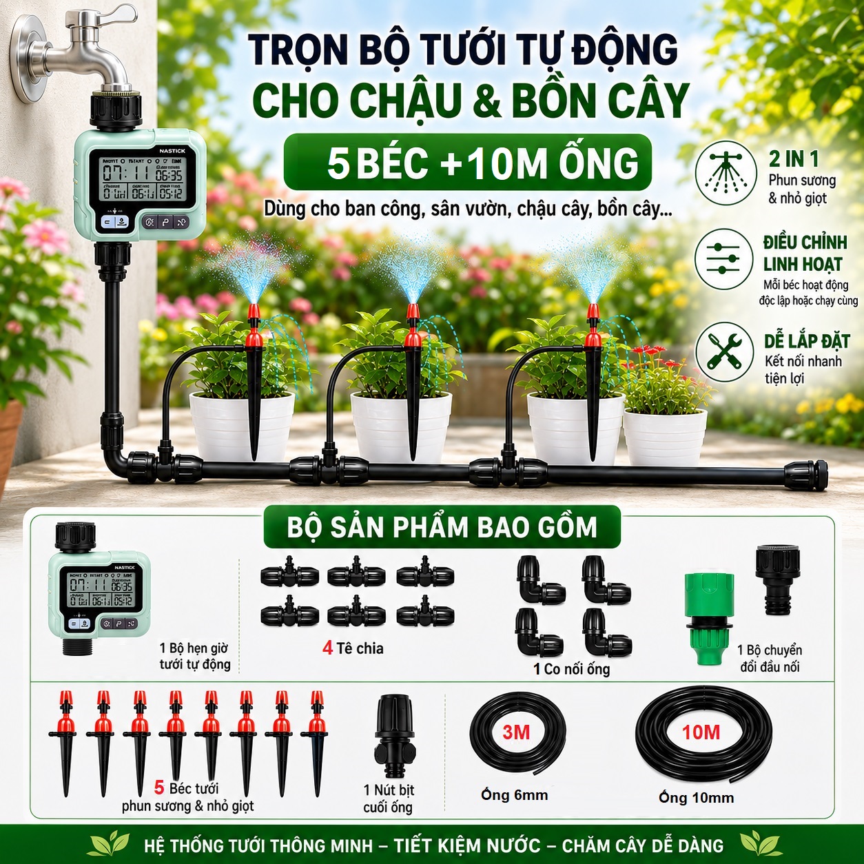 Trọn Bộ Tưới Cây Tự Động 5 Béc  10m Ống Cho Ban Công Sân Vườn