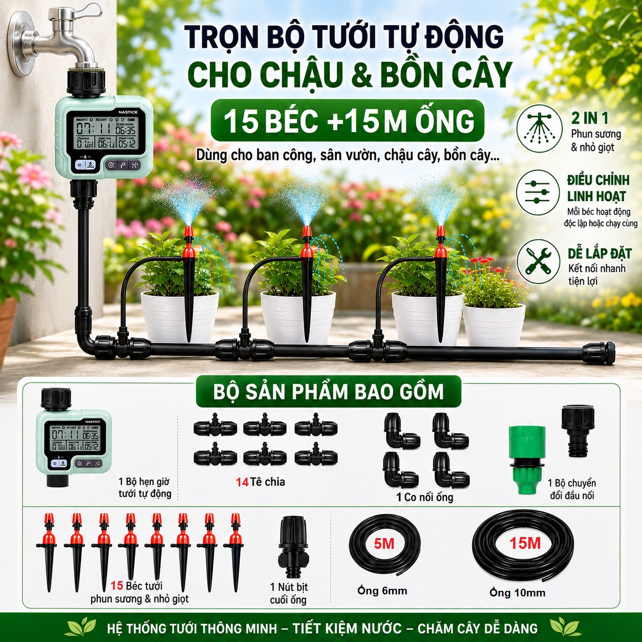 Trọn Bộ Tưới Tự Động 15 Béc  15m Ống Cho Ban Công & Sân Vườn