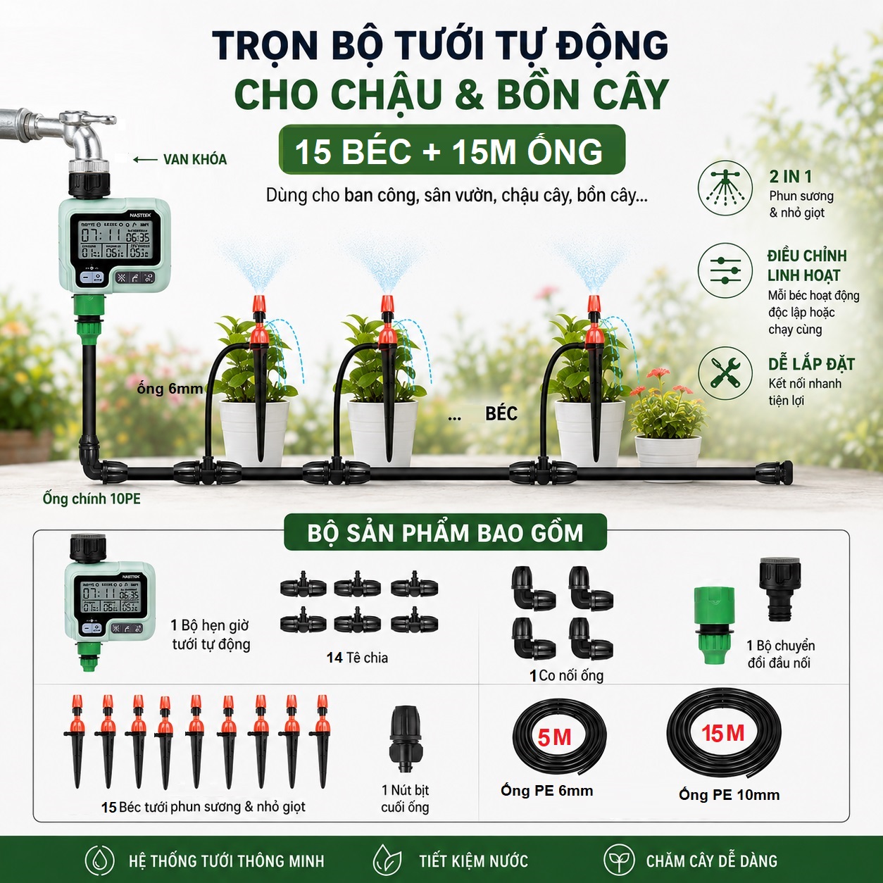 Trọn Bộ Tưới Tự Động 15 Béc  15m Ống Cho Ban Công & Sân Vườn