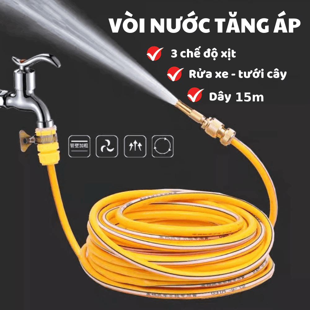 Bộ Vòi Xịt Tăng Áp A22 Kèm Dây 15M - Đầu Vòi Kim Loại Siêu Bền Xịt Rửa Đa Năng