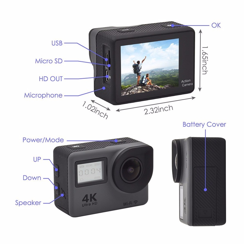 Camera hành động Sports WIFI ULTRA HD DV 4K S2 - Màn hình cảm ứng 2 inch
