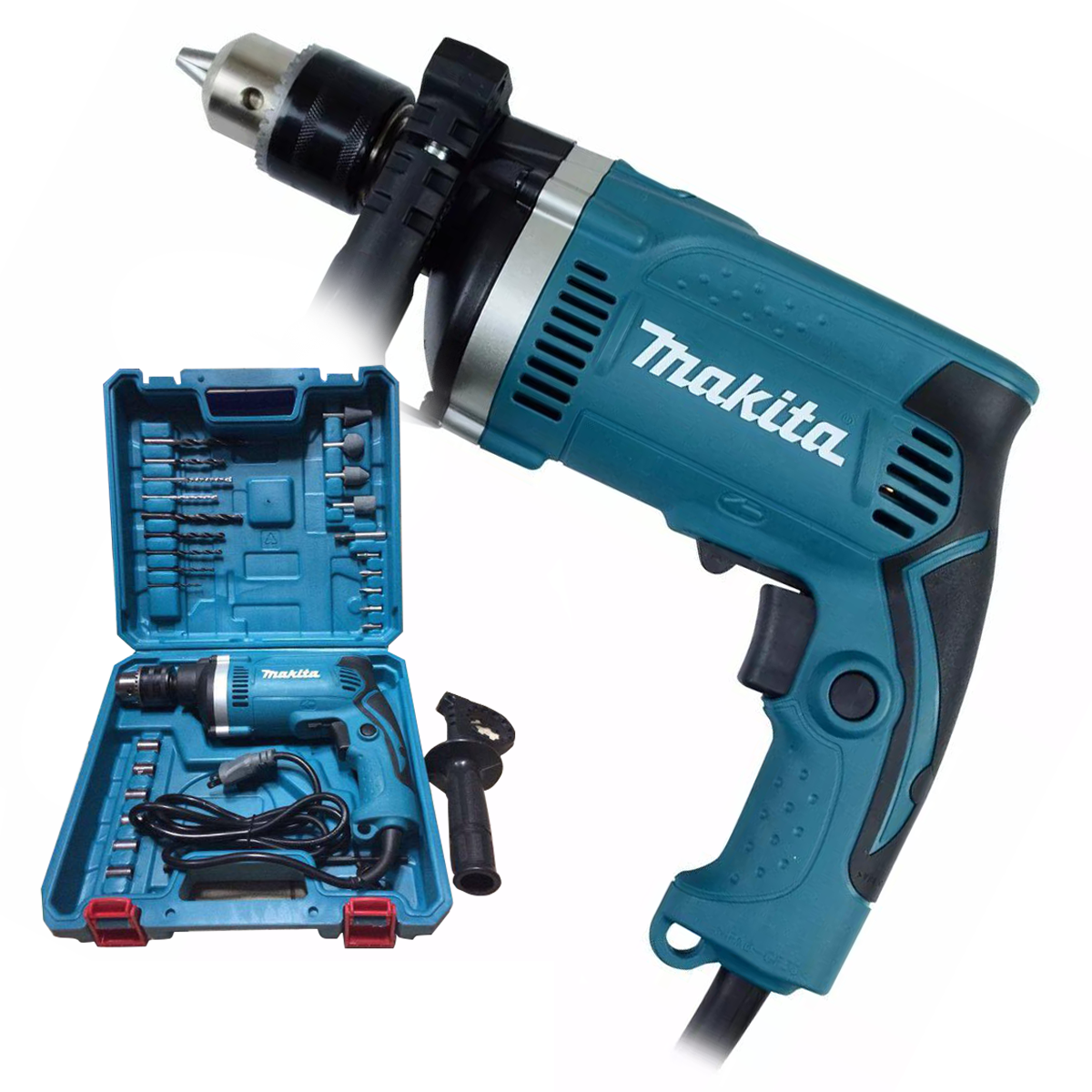 Máy khoan bê tông Makita HP1630 đi kèm hộp đầy đủ mũi khoan