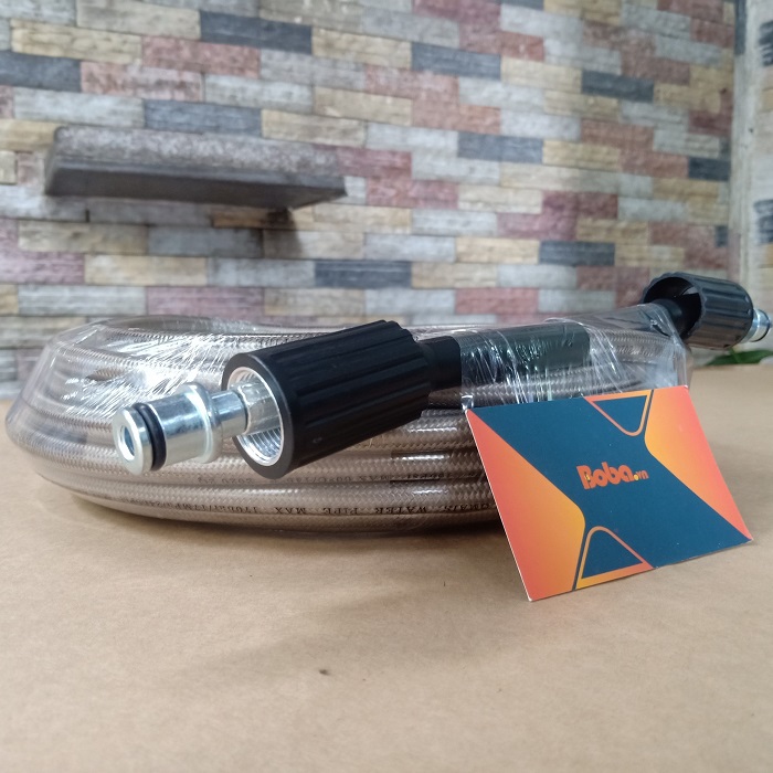 Dây xịt rửa xe 15m (Dây bố trắng - 2 đầu lớn) ren trong 22mm