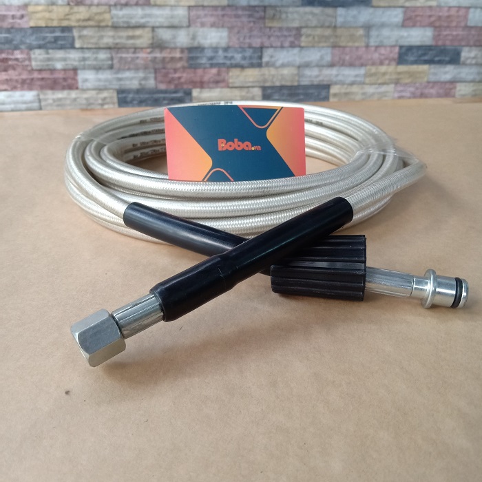 Dây xịt rửa xe 7m (Dây bố trắng - đầu lớn nhỏ lồi) - Răng trong 22mm - 14mm