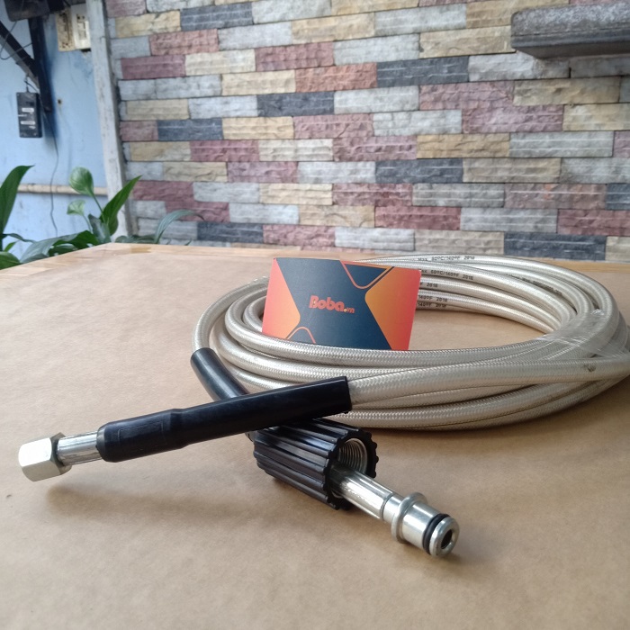 Dây xịt rửa xe 7m (Dây bố trắng - đầu lớn nhỏ lồi) - Răng trong 22mm - 14mm