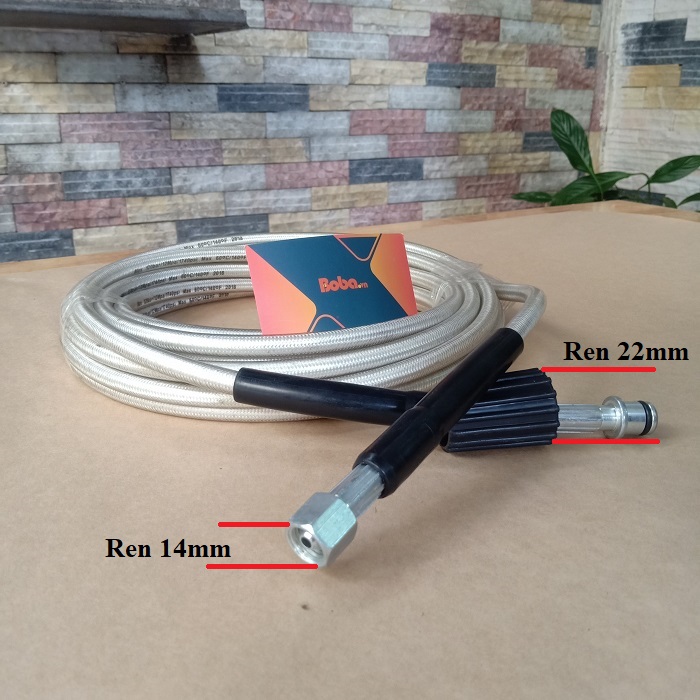 Dây xịt rửa xe 7m (Dây bố trắng - đầu lớn nhỏ lồi) - Răng trong 22mm - 14mm