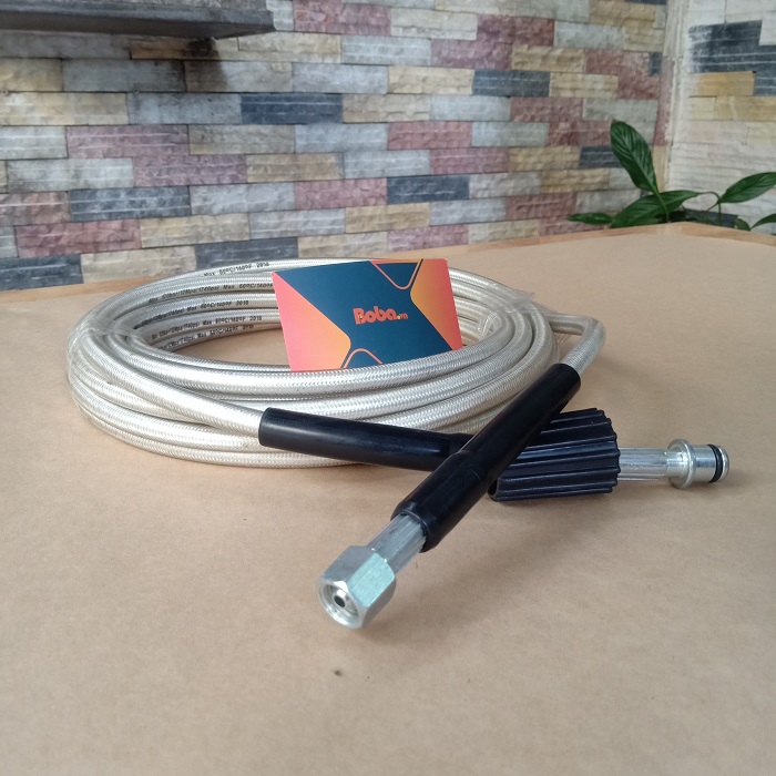 Dây xịt rửa xe 7m (Dây bố trắng - đầu lớn nhỏ lồi) - Răng trong 22mm - 14mm