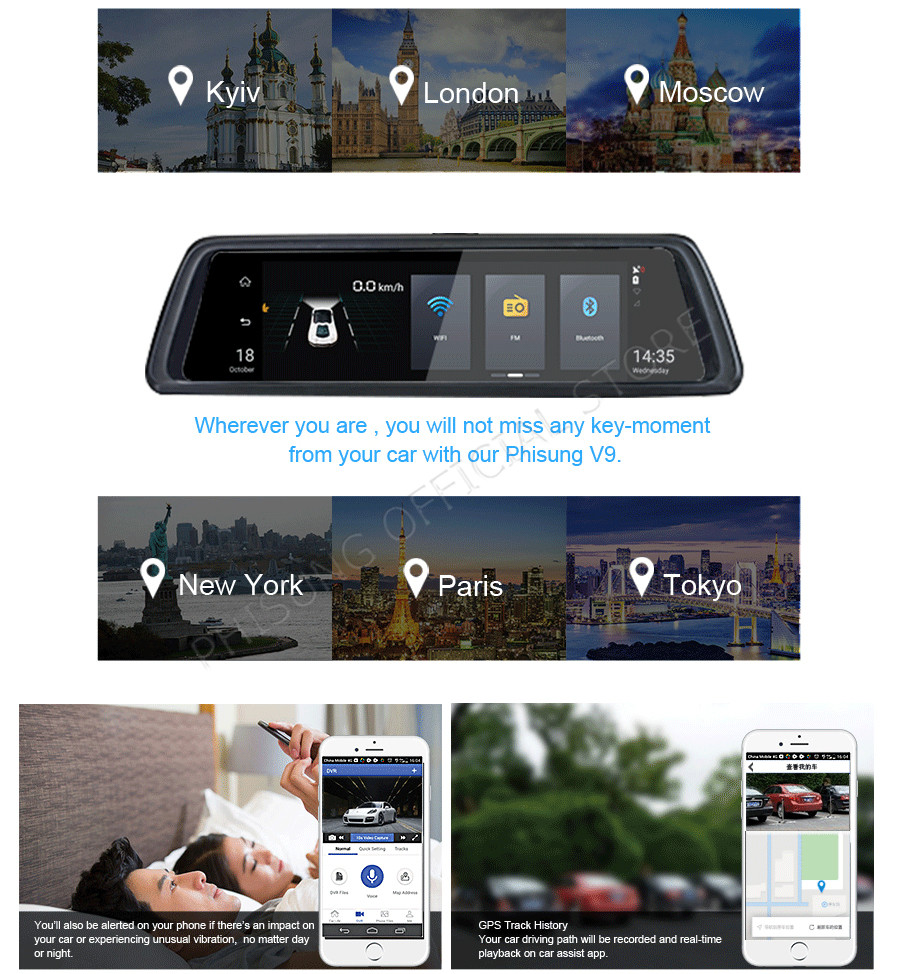 Camera hành trình Phisung V9 - Ống kính kép và tiêu chuẩn ADAS bluetooth wifi