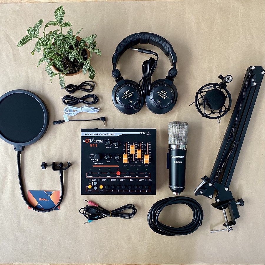 Combo micro thu âm PC K600 Soundcard V11 Chân màn kẹp Full