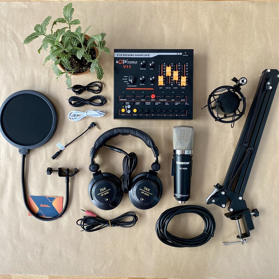 Combo micro thu âm PC K600 Soundcard V11 Chân màn kẹp Full