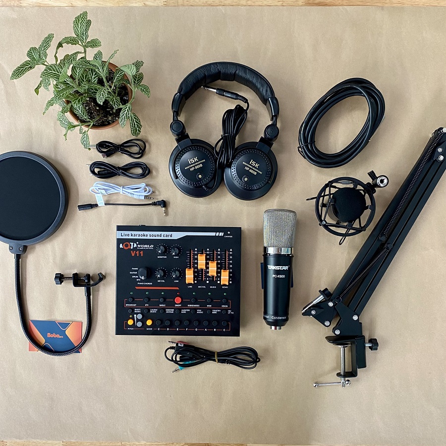 Combo micro thu âm PC K600 Soundcard V11 Chân màn kẹp Full