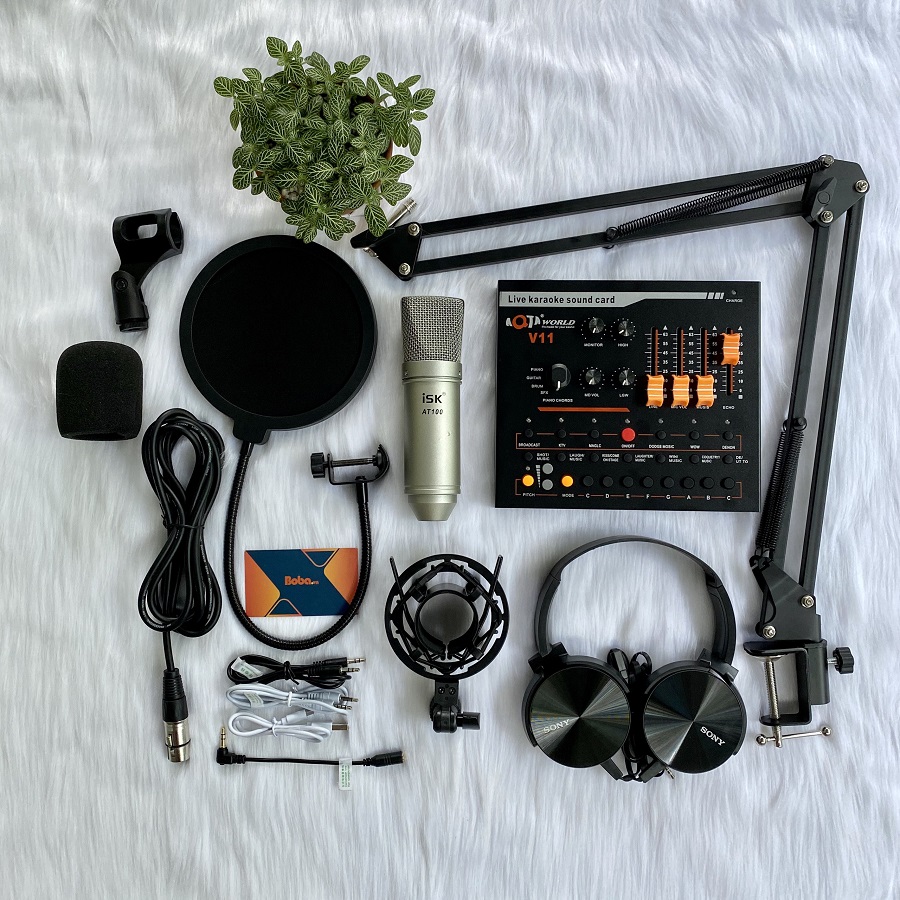 Combo mic ISK AT100 Soundcard V11 Dây Chân màn kẹp