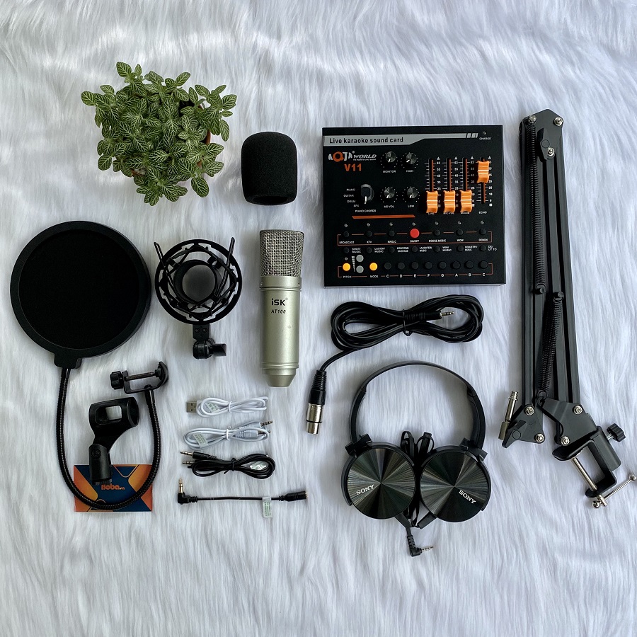 Combo mic ISK AT100 Soundcard V11 Dây Chân màn kẹp
