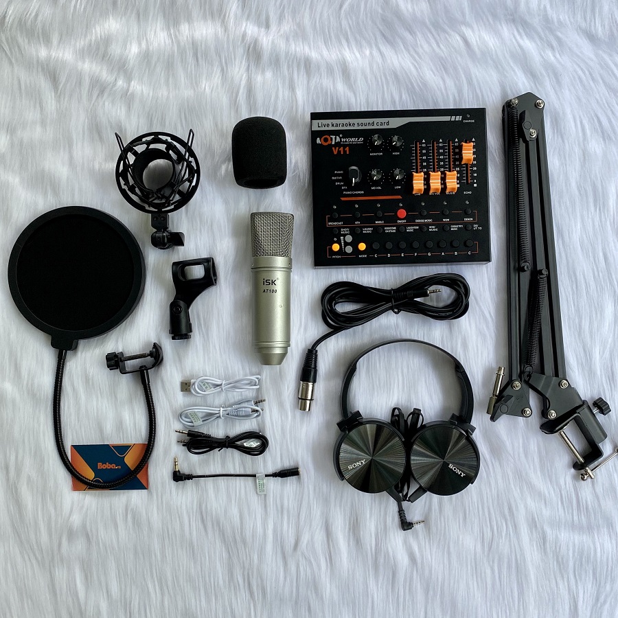 Combo mic ISK AT100 Soundcard V11 Dây Chân màn kẹp
