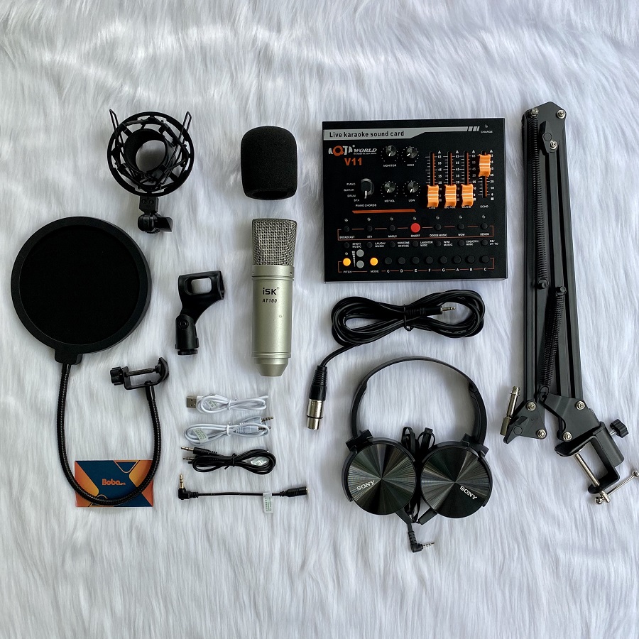 Combo mic ISK AT100 Soundcard V11 Dây Chân màn kẹp