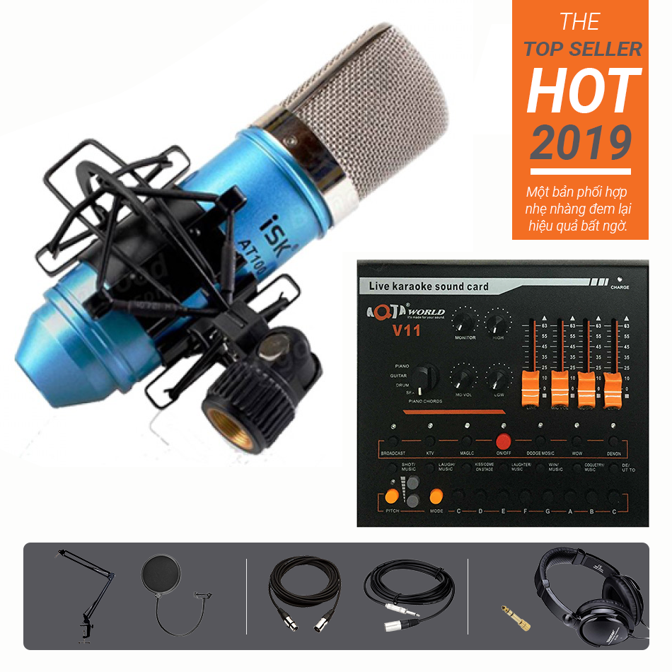 Combo mic ISK AT100 Soundcard V11 Dây Chân màn kẹp
