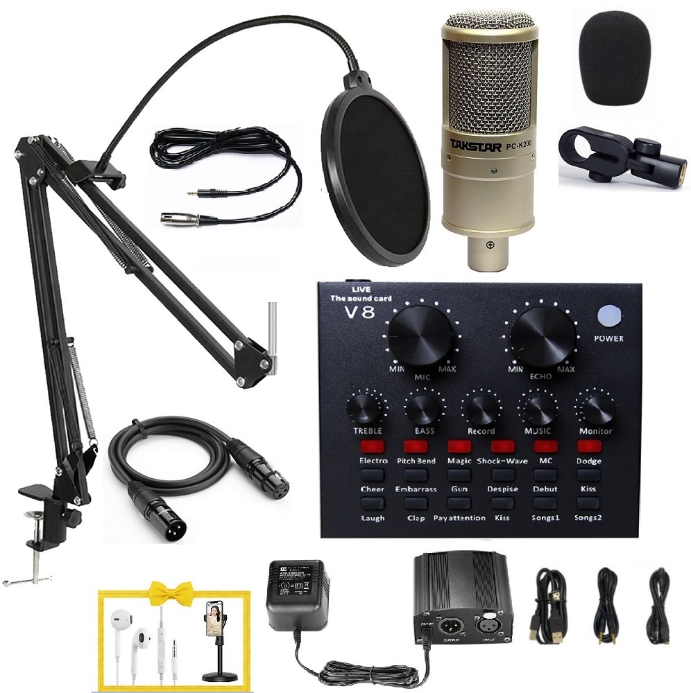 Trọn bộ thu âm cao cấp tại nhà PC K200 kết hợp Soundcard V8 Kèm Tai Nghe và giá đỡ điện thoại