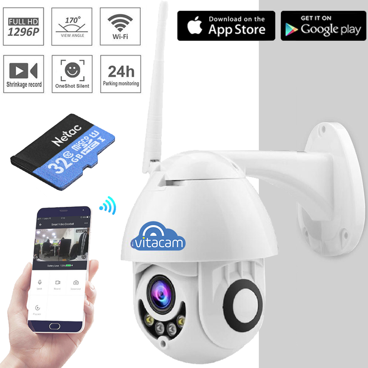 Camera wifi Vitacam DZ1080 cao cấp - Dòng Speed Dome ngoài trời tặng thẻ 32GB