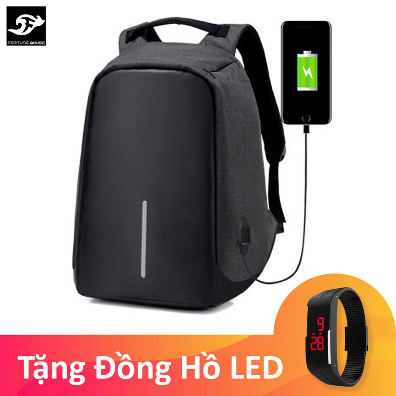 Balo Chống Trộm Có Cổng Sạc USB Fortune Mouse Tặng Đồng Hồ LED