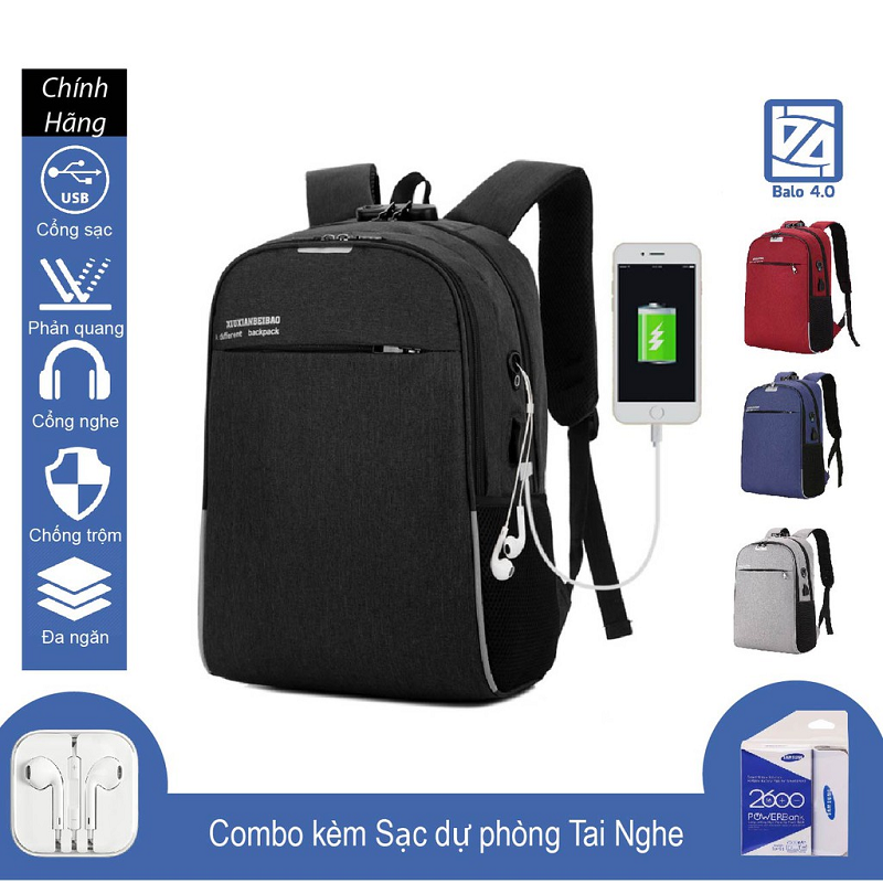 Balo Nam Nữ Chống Trộm Mã Khóa Có Sạc Điện Thoại Tai Nghe Siêu Nhẹ Phản Quang Đen