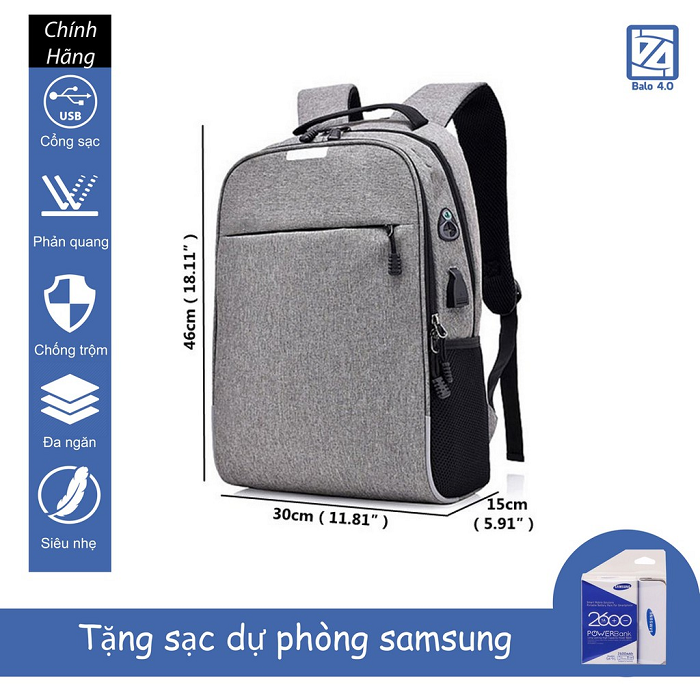 Balo Nam Nữ Chống Trộm Mã Khóa Có Sạc Điện Thoại Tai Nghe Siêu Nhẹ Phản Quang