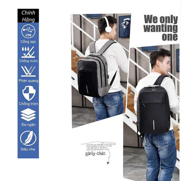 Balo Nam Nữ Chống Trộm Mã Khóa Có Sạc Điện Thoại Tai Nghe Siêu Nhẹ Phản Quang