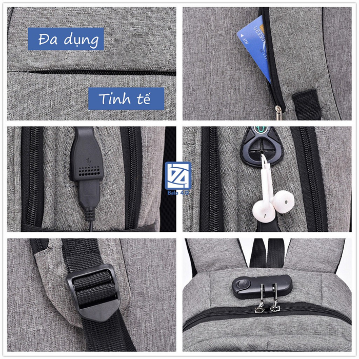 Balo Nam Nữ Chống Trộm Mã Khóa Có Sạc Điện Thoại Tai Nghe Siêu Nhẹ Phản Quang
