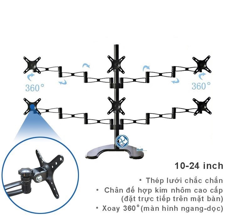Giá treo 6 màn hình Dektop LCD đối xứng S6H (10 - 24 inch) - Nhập khẩu